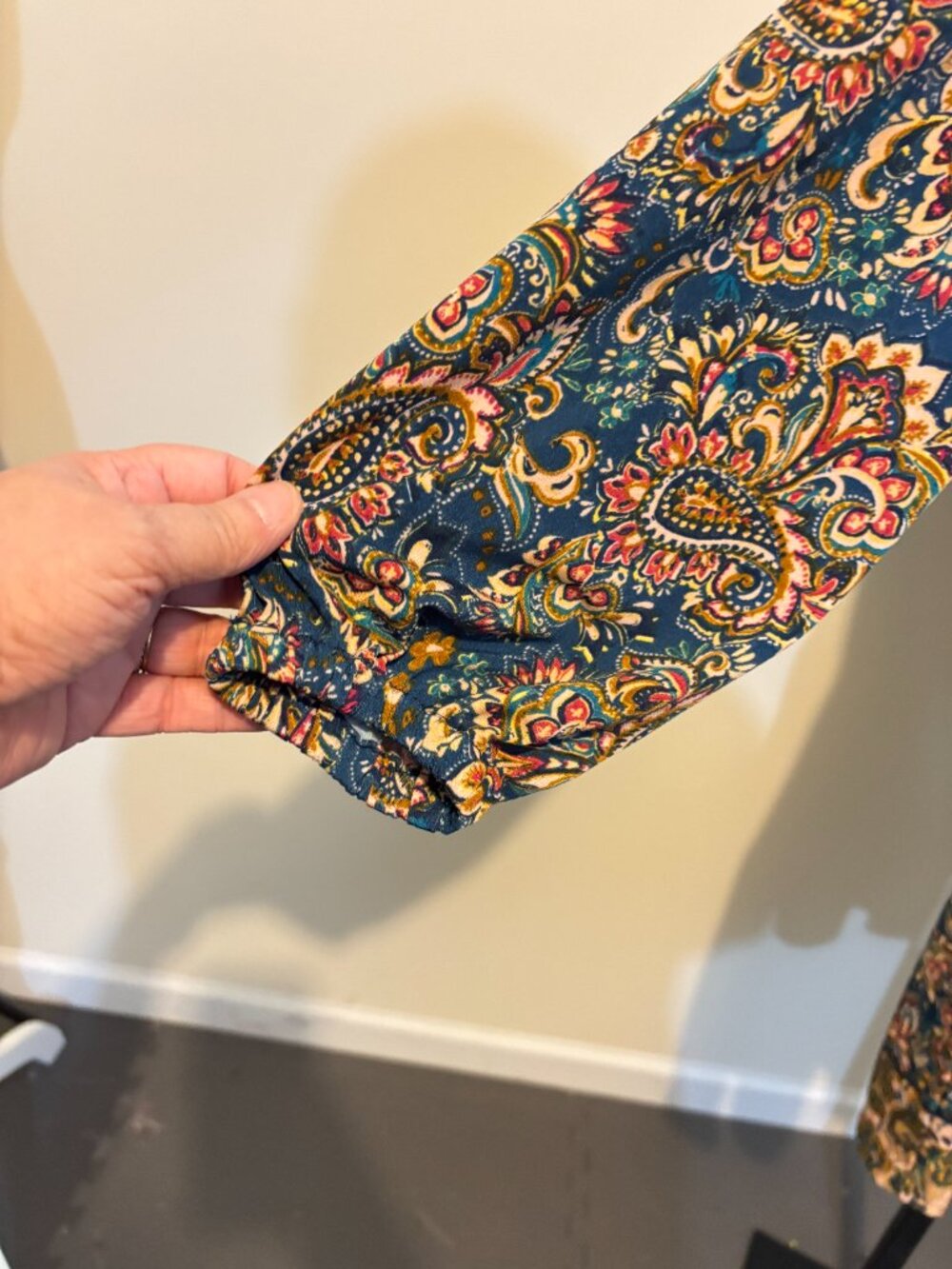 Leota Teal Blue Paisley Smocked Ruffle Neck Long Sleeve Tiered Dress - Picture 8 of 12